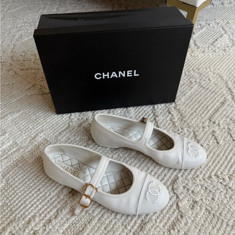 CHANEL White Mary Jane Flats